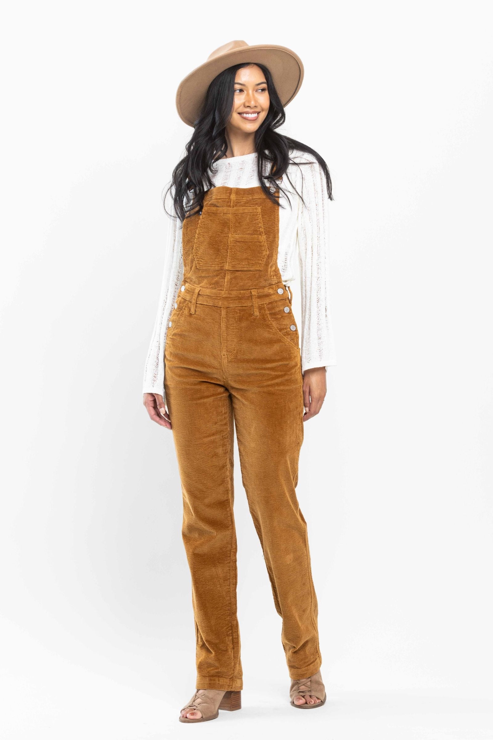 High Waist Camel Over Dyed Corduroy Overalls Straight Fit Judy Blue