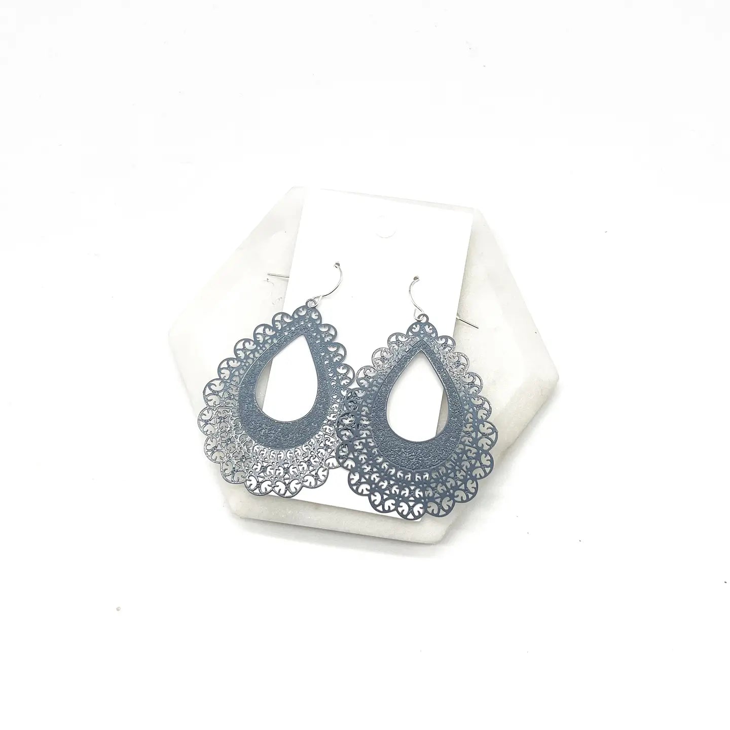 GREY FLOURISH TEARDROP METAL STATEMENT HANDMADE BBB EARRINGS