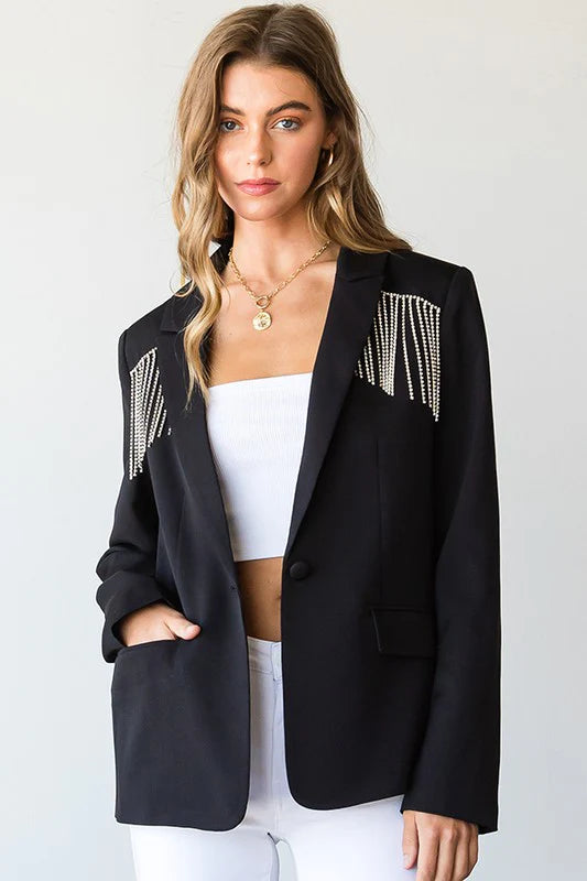 BLACK JEWELED TASSEL FRINGE LINED BUTTON HOLIDAY BEDAZZLED BLAZER