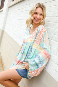 MINT PEACH BOHEMIAM PRINTED PATCHWORK 3/4 BUBBLE SLEEVE VNECK TOP-PLUS