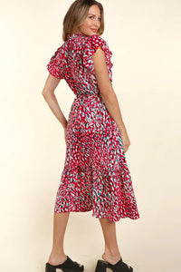 FUCHSIA TEAL MOCK NECK BACK BUTTON SIDE POCKETED MIDI DRESS