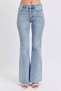 MID RISE RHINESTONE LIGHT WASH SIDE PANEL DETAIL FLARE DENIM JUDY BLUE