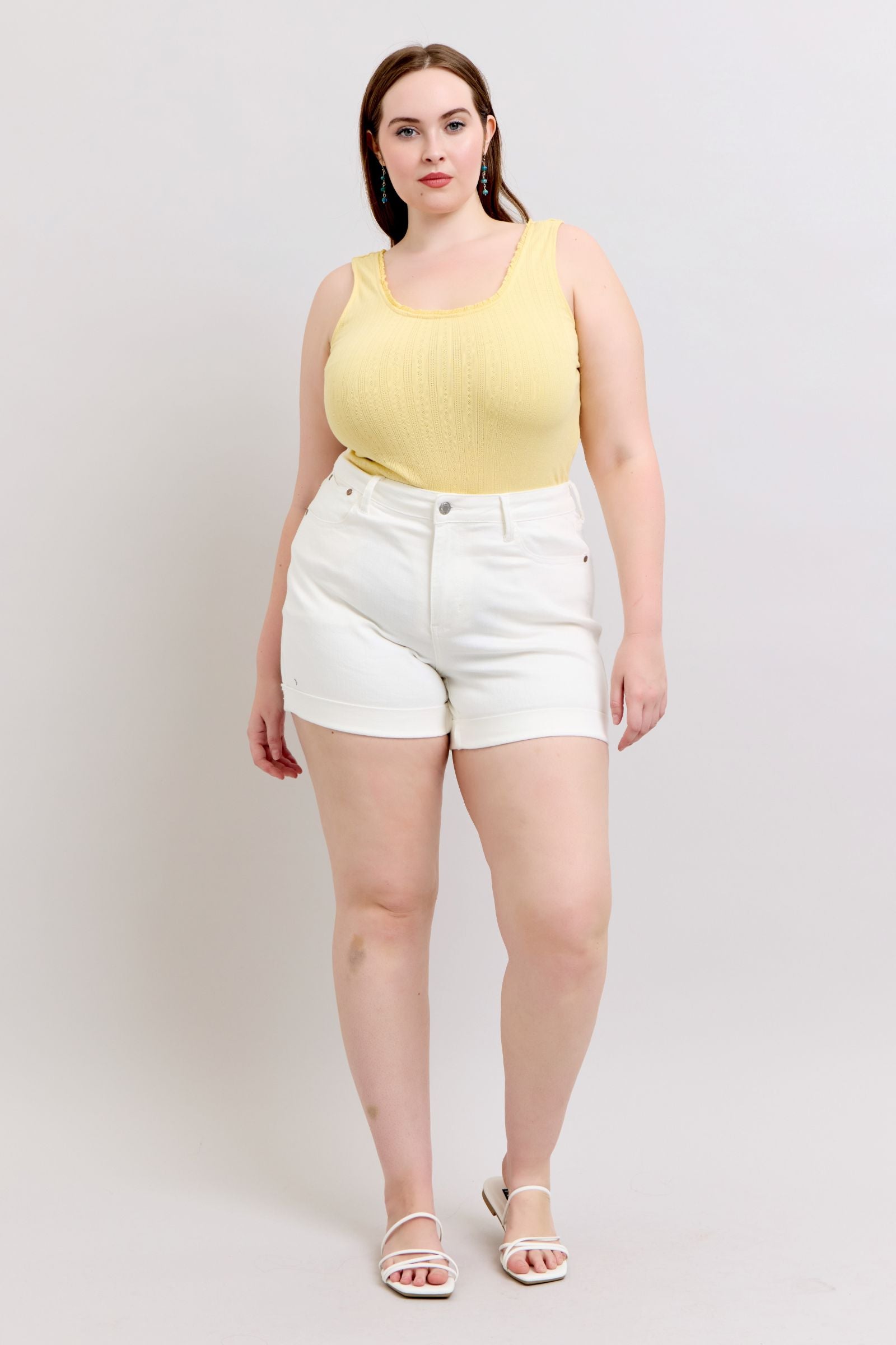 WHITE DOUBLE ROLL CUFFED JUDY BLUE SHORTS-PLUS