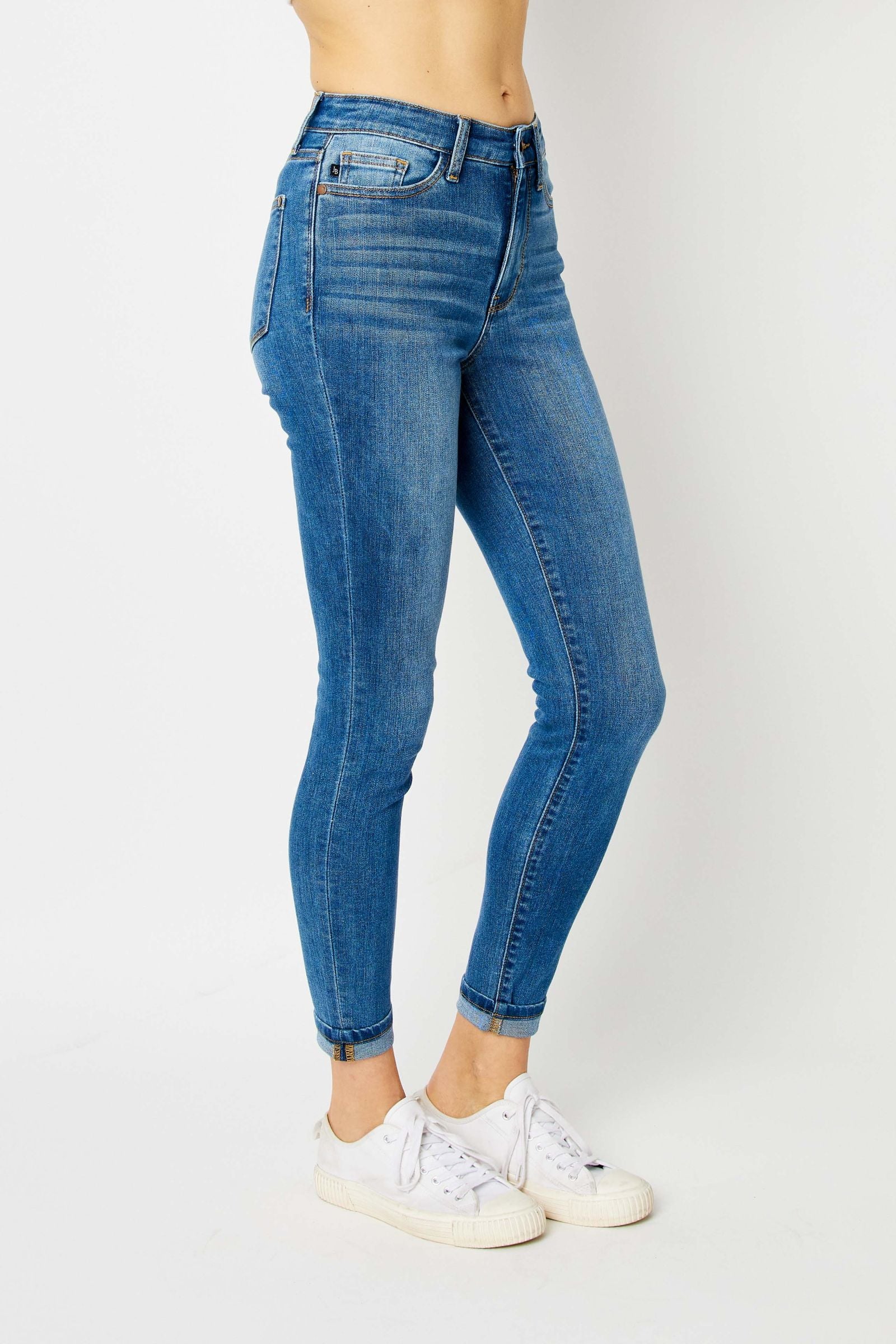 MEDIUM WASH HIGH WAIST CUFFED HEM SKINNY JUDY BLUE DENIM-PLUS