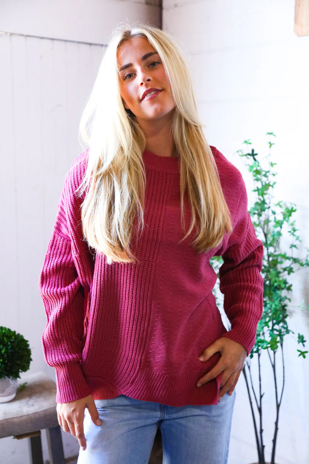 SOLID MAUVE/MAROON/MARSALA OVERSIZED SLOUCHY SWEATER-PLUS