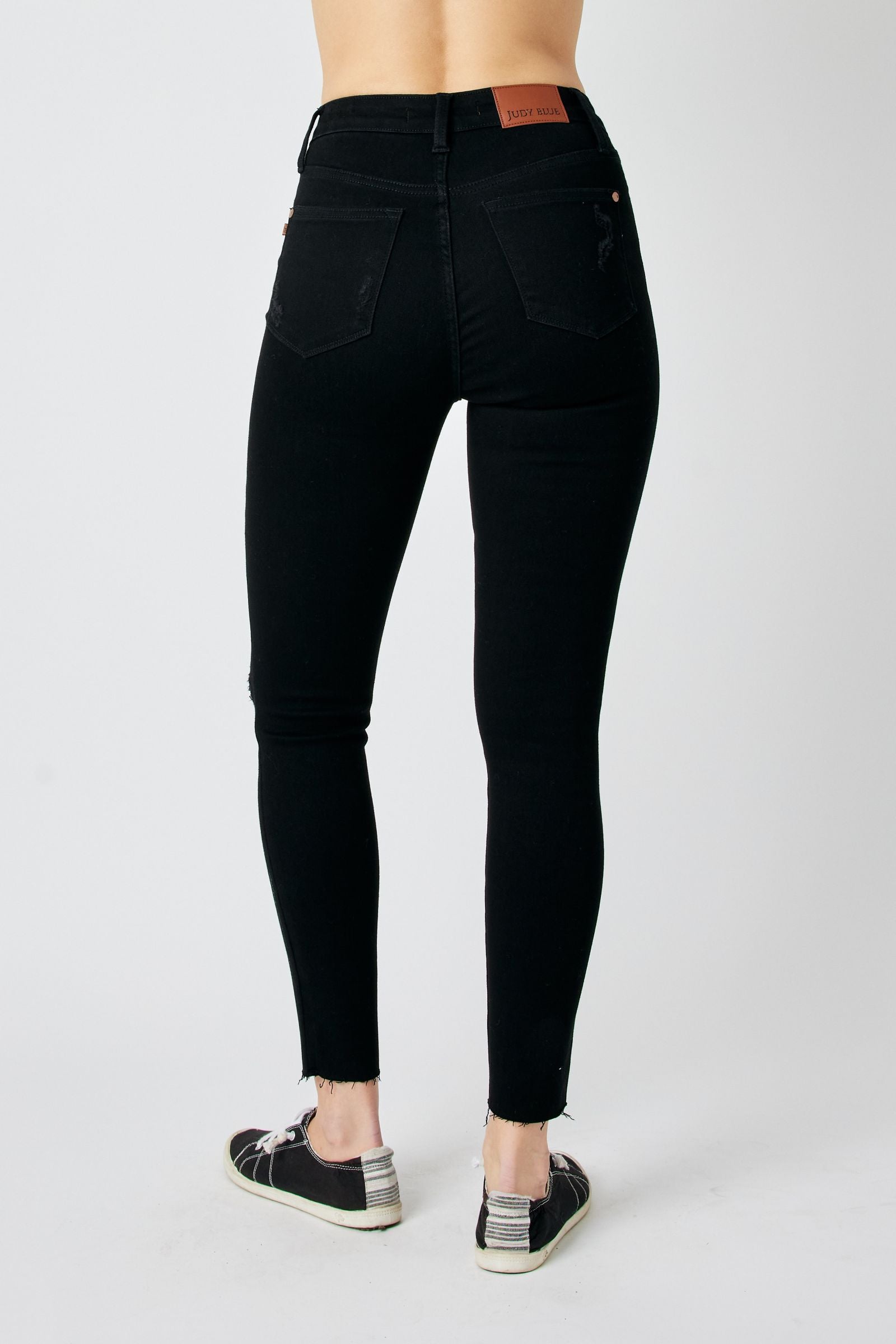 BLACK JUDY BLUE HIGH WAIST HEAVY DESTROYED RAW HEM SKINNY DENIM-PLUS