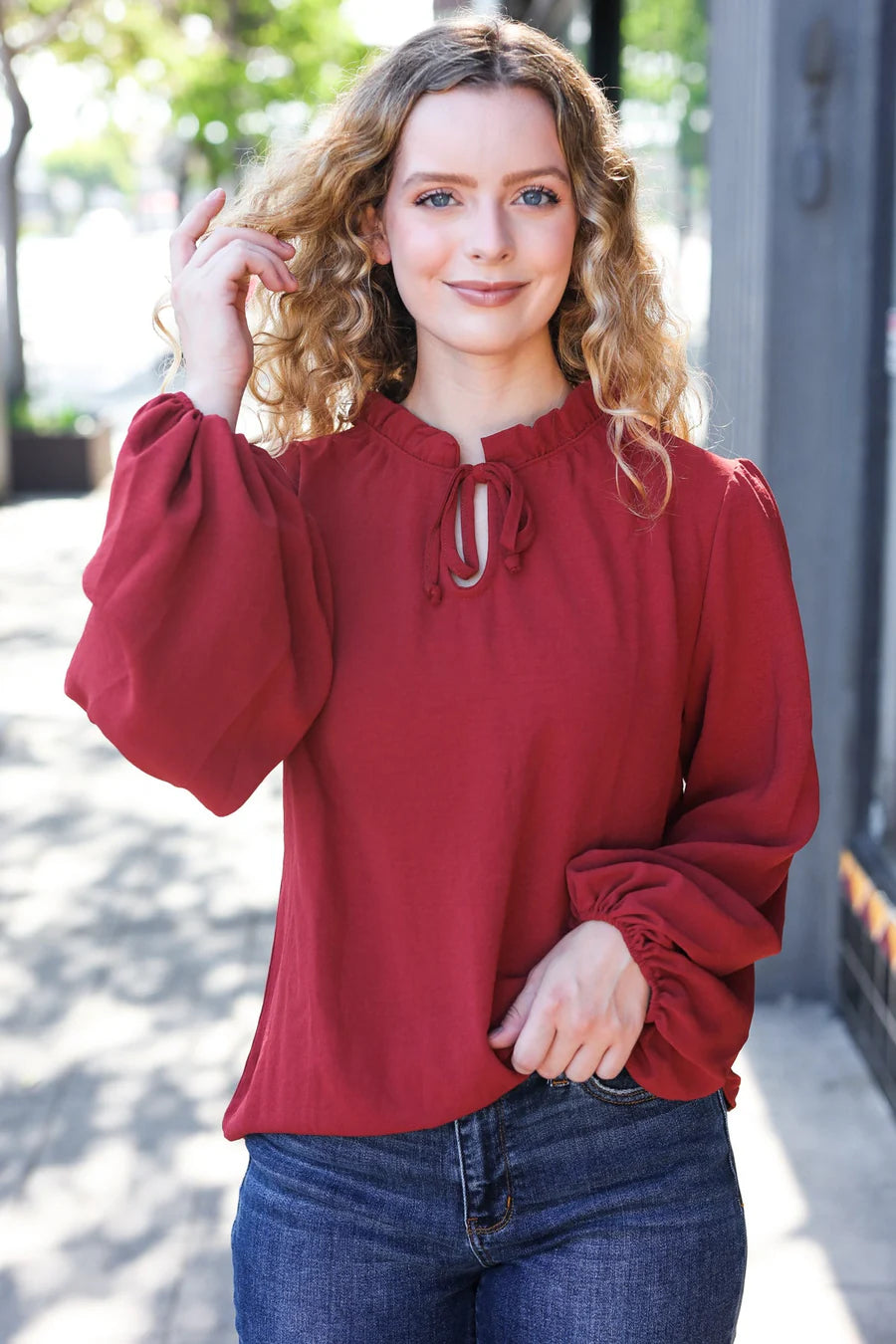 BURGUNDY FRILLED EDGED VNECK TIE LONG SLEEVE TOP-PLUS