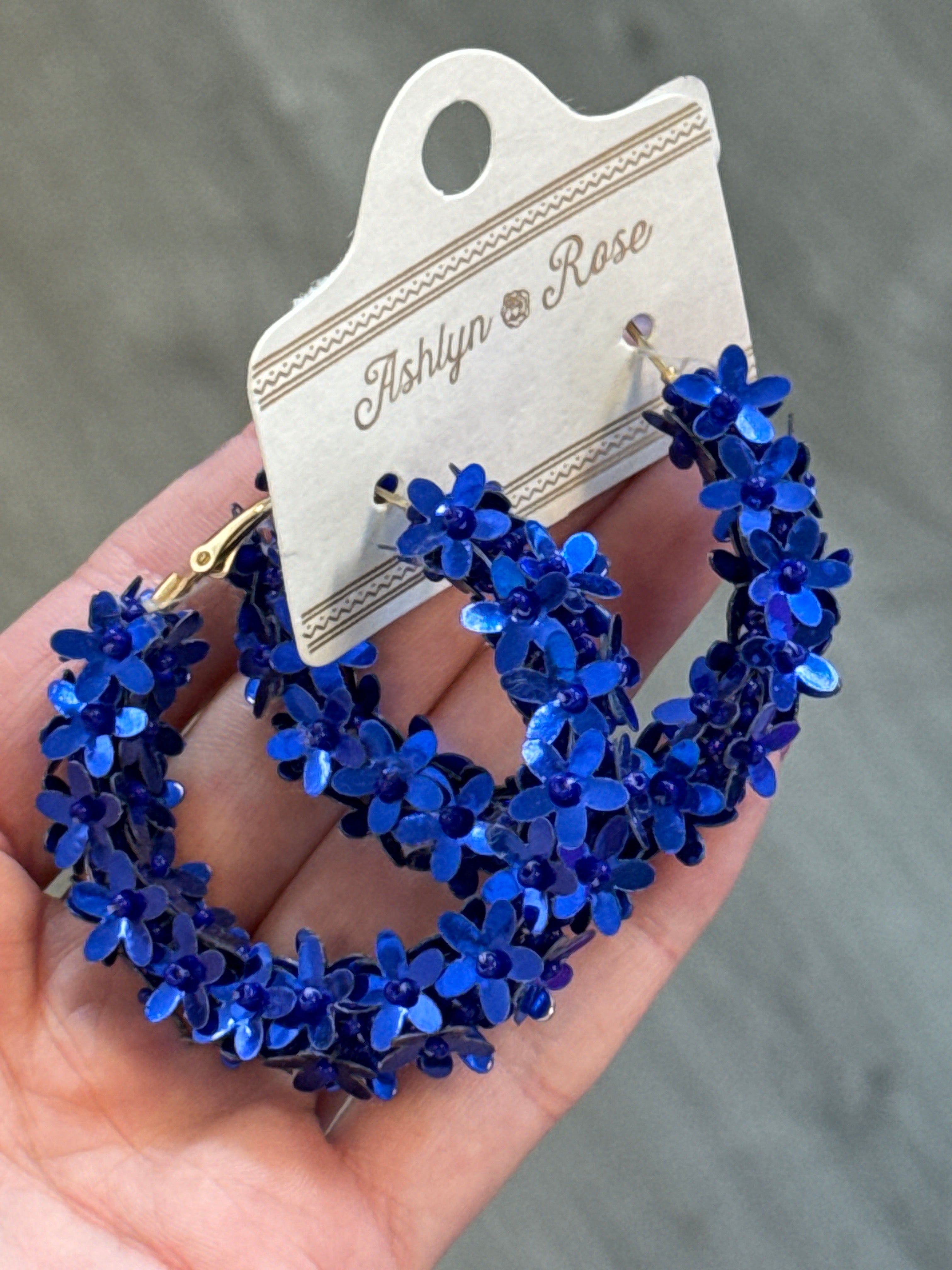 ROYAL BLUE PETAL PUSHER FLOWER HOOP EARRINGS- SALE- 1 LEFT