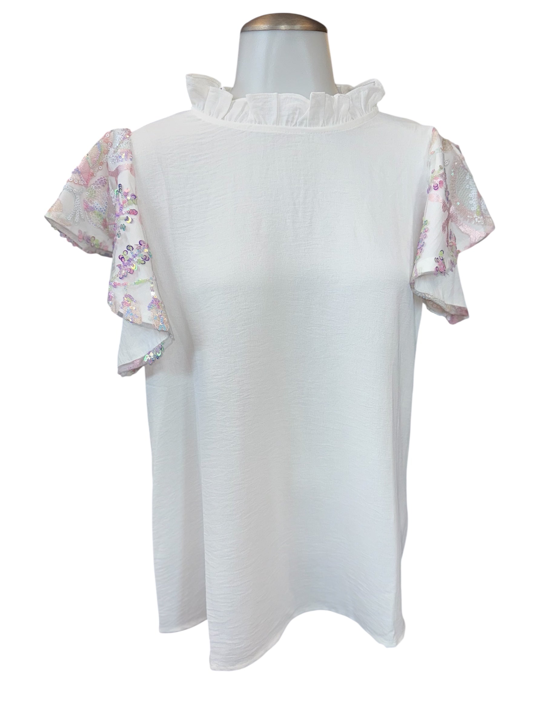 WHITE IRIDESCENT SEQUIN FLUTTER SLEEVE BLOUSE- SALE- MEDIUM & LARGE AVAILABLE