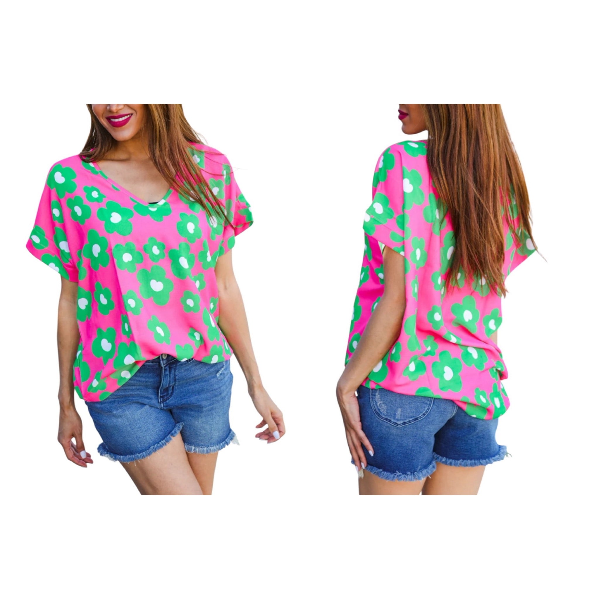 FUCHSIA GREEN FLORAL DOLMAN TOP - SALE- SMALL, MEDIUM & LARGE AVAILABLE