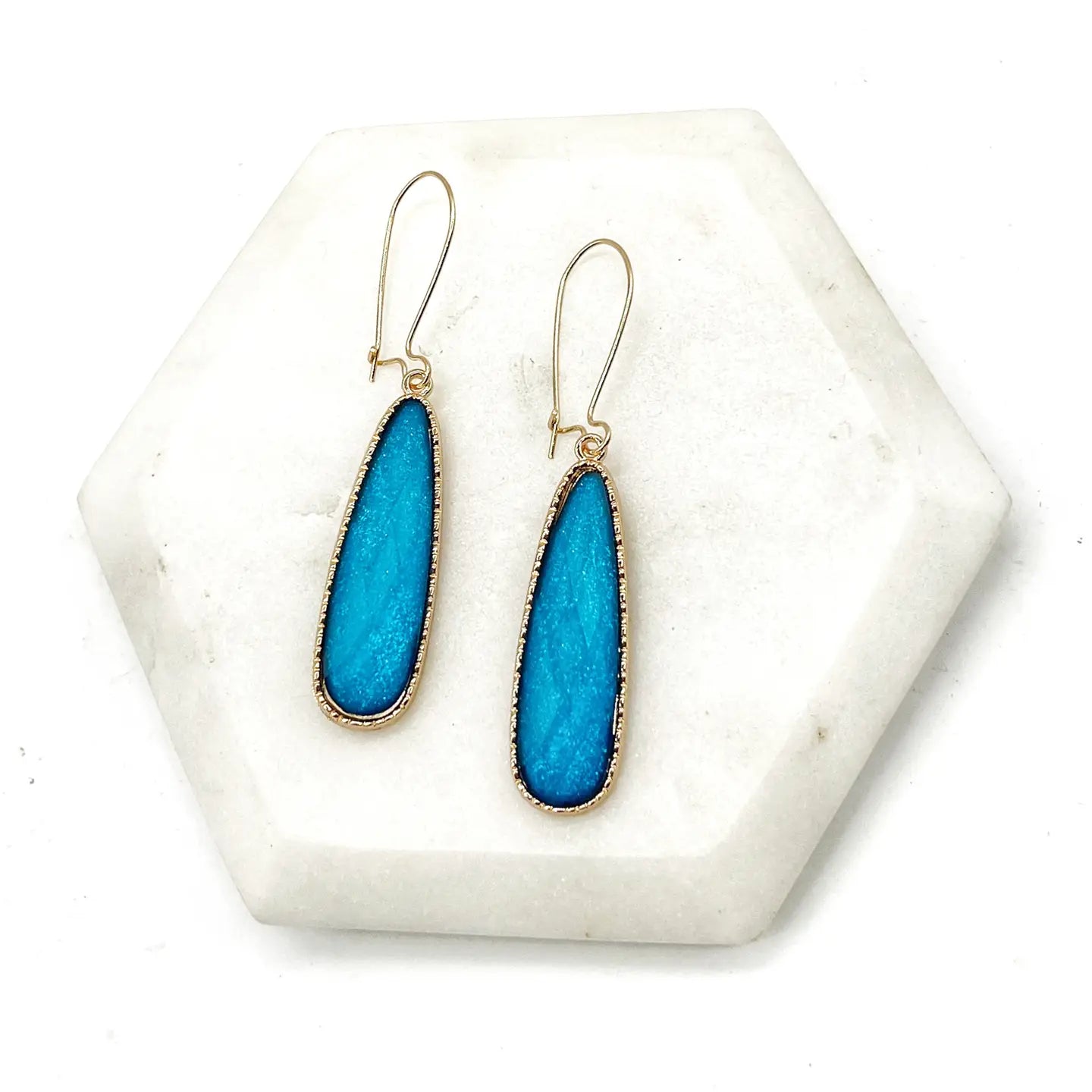 TURQUOISE GOLD LONG GEMSTONE TEARDROP ACRYLIC STATEMENT HANDMADE BBB EARRINGS
