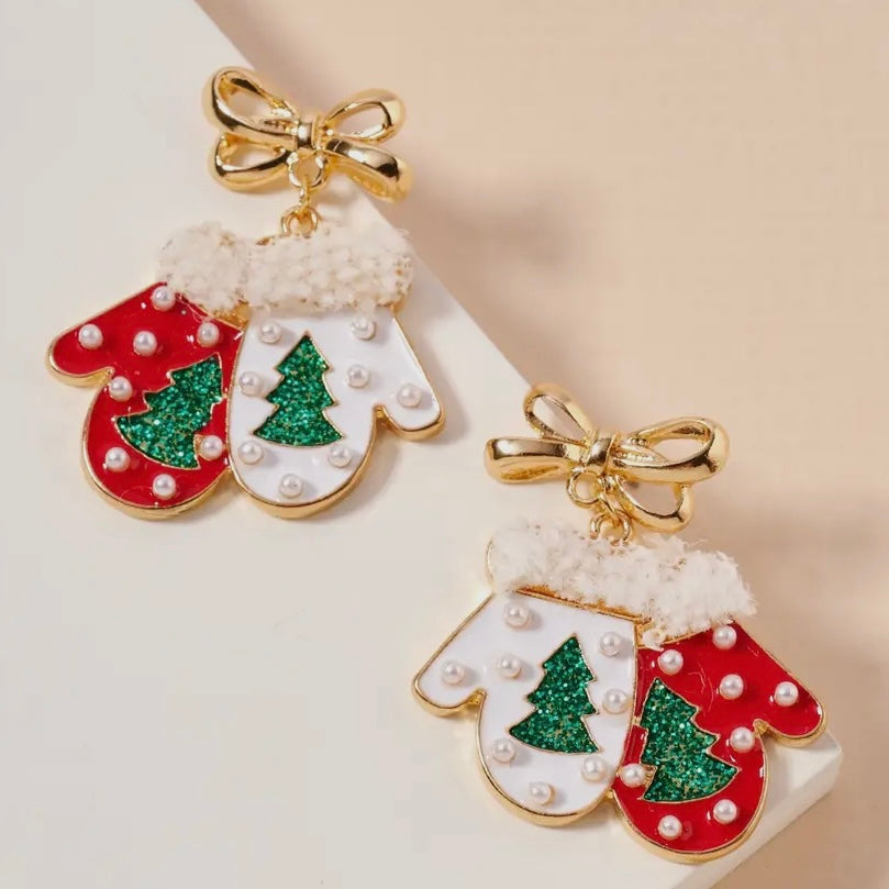 RED WHITE GREEN TREE MITTENS DANGLING EARRINGS