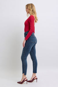 DARKWASH HIGH WAIST TUMMY CONTROL STEP HEM SKINNY JUDY BLUE DENIM-PLUS