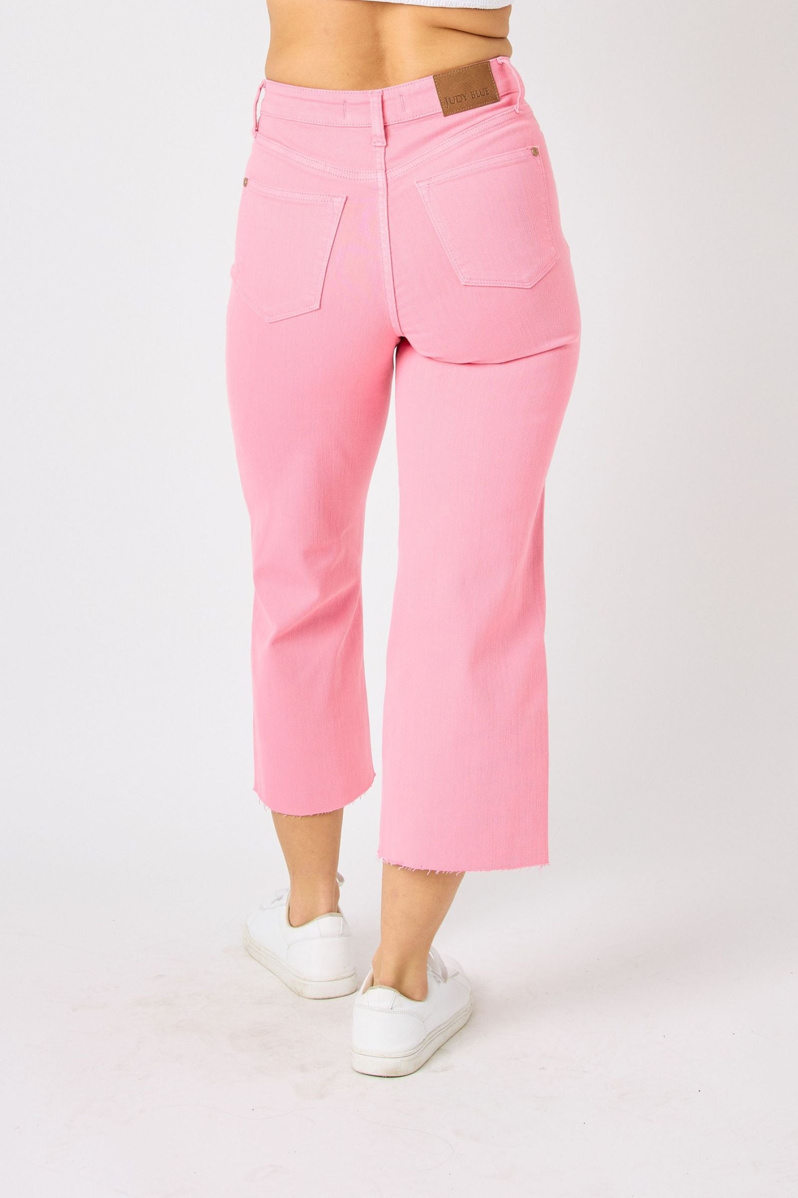 PINK HIGH WAIST GARMENT DYED TUMMY CONTROL CROPPED WIDE LEG JUDY BLUE DENIM- PLUS