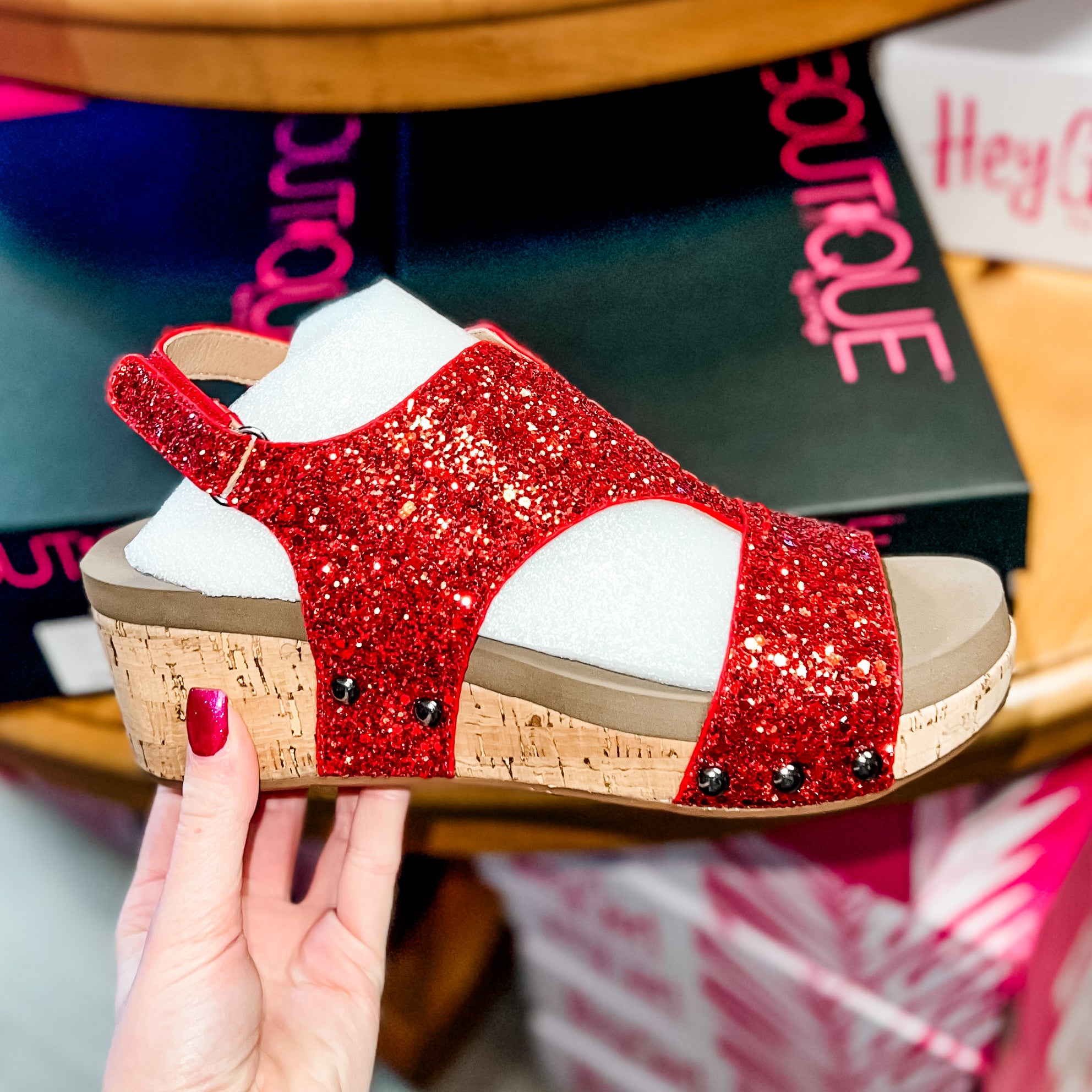 Red Refreshing Glitter Corkys Wedges- SIZE 9