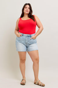 HIGH WAIST RIGID MAGIC LIGHT WASH DENIM SHORTS BY JUDY BLUE-PLUS