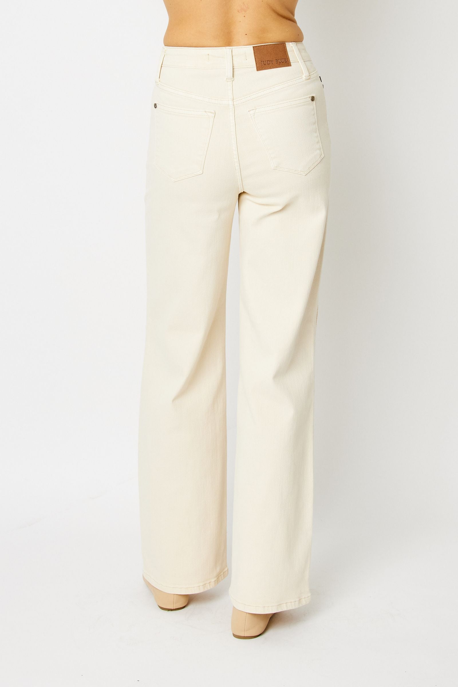 ECRU/OFF-WHITE HIGH WAIST GARMENT DYED CROCHET PATCHES WIDE LEG JUDY BLUE DENIM