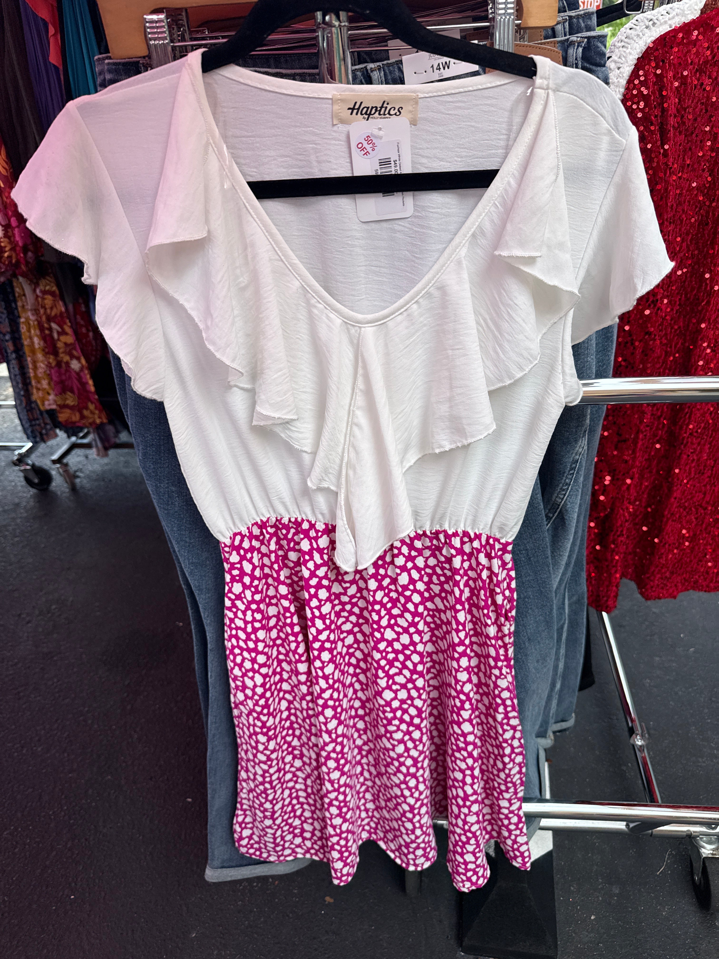 Fuchsia White Dotted Animal Ruffle Vneck Pocketed Dress