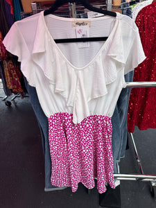 Fuchsia White Dotted Animal Ruffle Vneck Pocketed Dress