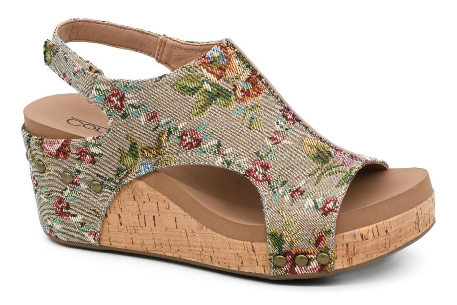 TAUPE BROCADE FLORAL CARLEY WEDGES CORKYS SANDAL