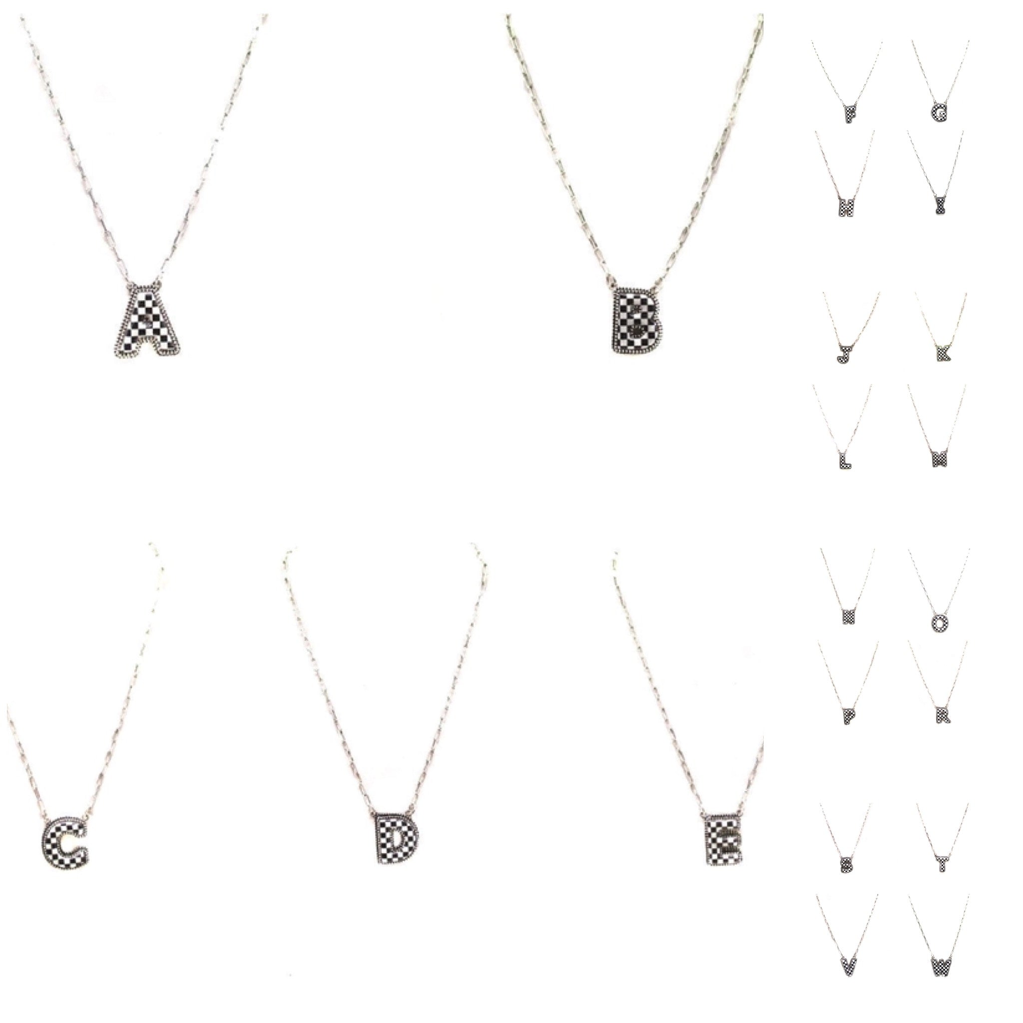 CHECKERED BUBBLE INITIAL BLACK & WHITE ON SILVER CHAIN WITH 18" + 3" EXTENDER NECKLACE