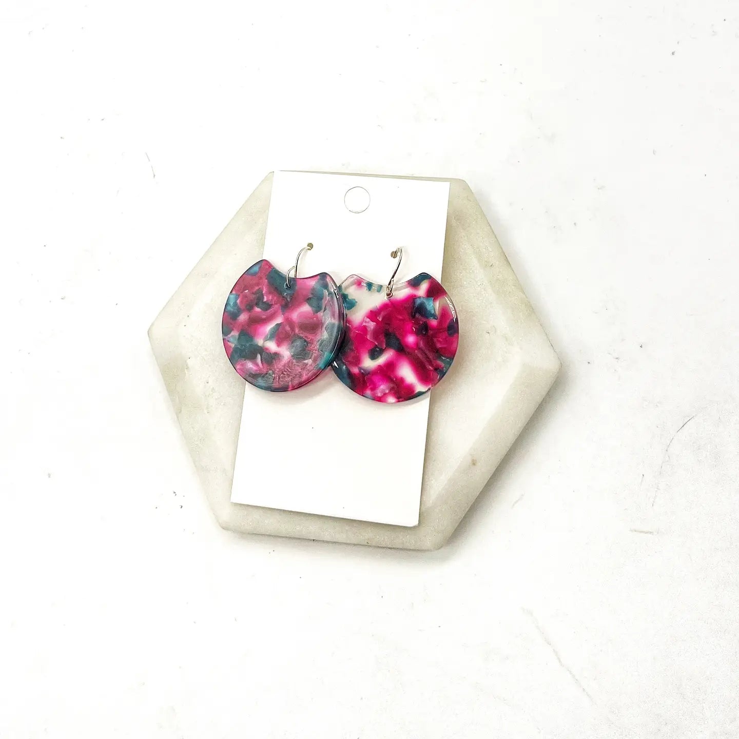 CRANBERRY GREEN ACRYLIC CRESCENT HANDMADE BBB EARRINGS