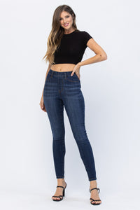 MEDIUM WASH HIGH WAIST PULL ON SKINNY WITH FRONT+BACK PATCH POCKETS JUDY BLUE DENIM