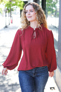 BURGUNDY FRILLED EDGED VNECK TIE LONG SLEEVE TOP-PLUS