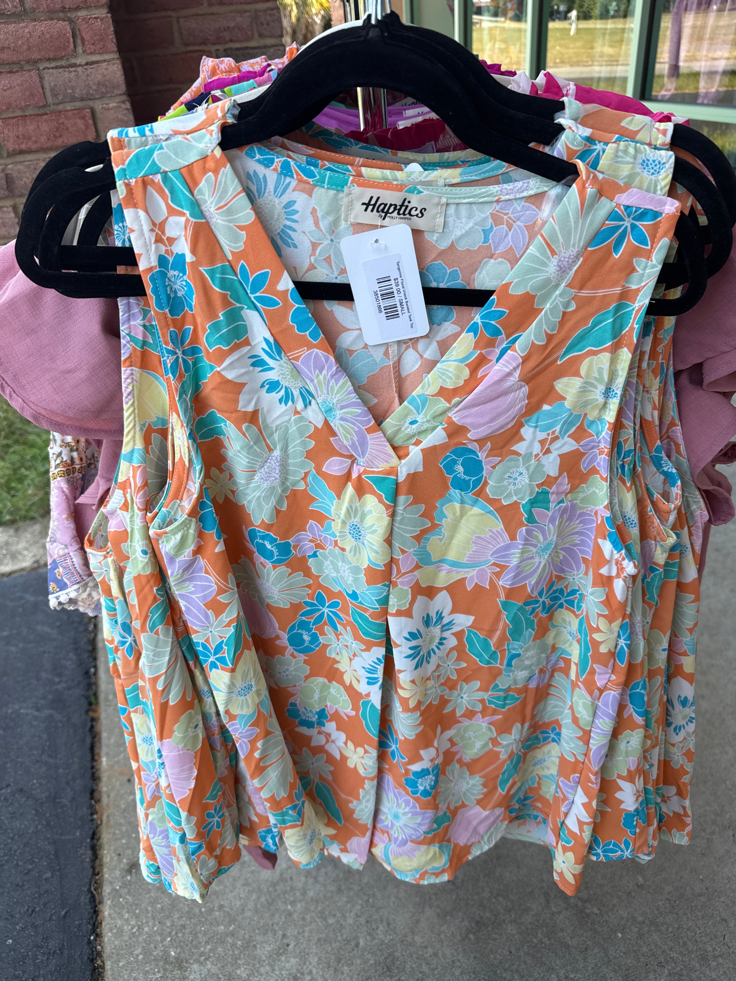Tangerine Floral Vneck Banded Tank Top- SALE