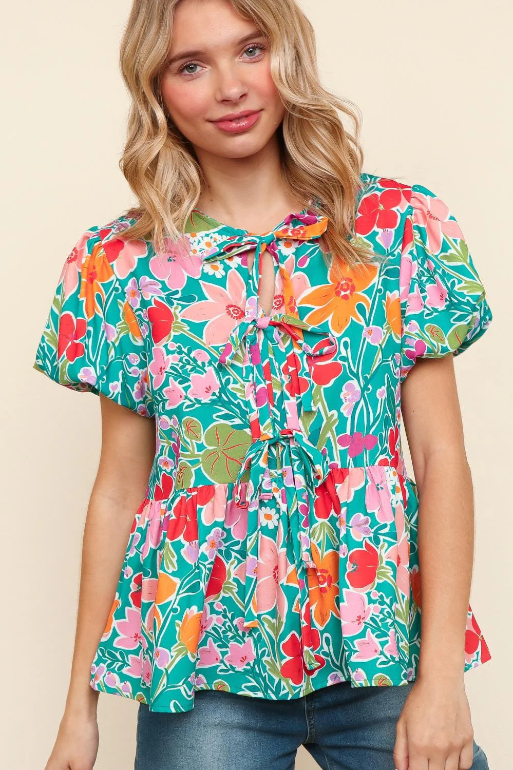 AQUA COLORFUL RIBBON BOW FLORAL WOVEN BLOUSE- PLUS- SALE