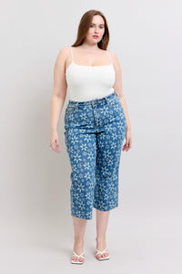 HIGH WAIST FLOWER PRINT CROPPED WIDE LEG JUDY BLUE DENIM MEDIUM WASH-PLUS