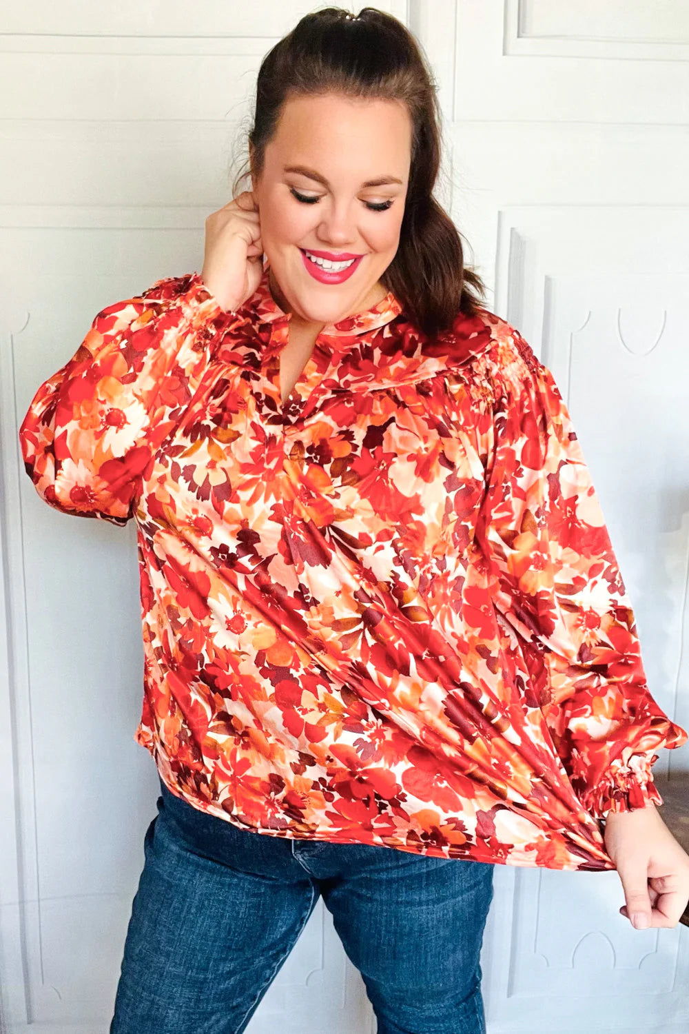 FALL VIBES RUST FLORAL PRINT NOTCHED NECK SMOCKED SATIN BLOUSE-PLUS