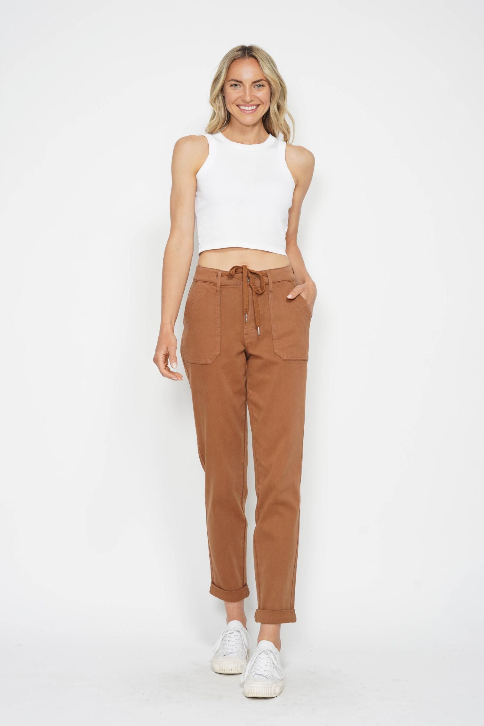 CAMEL HIGH WAIST GARMENT DYED CUFFED JOGGERS JUDY BLUE DENIM-PLUS