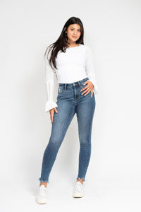 HIGH WAIST MEDIUM WASH SHARKBITE HEM SKINNY WITH DESTROY JUDY BLUE DENIM