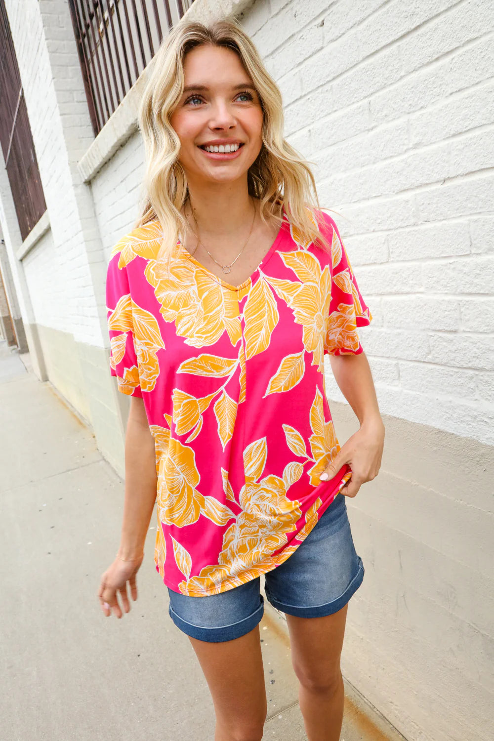 MAGENTA ORANGE FLORAL DROP SHOULDER KNIT VNECK TOP- SALE