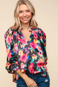 BUBBLE LONG SLEEVE FLORAL WOVEN TOP-PLUS
