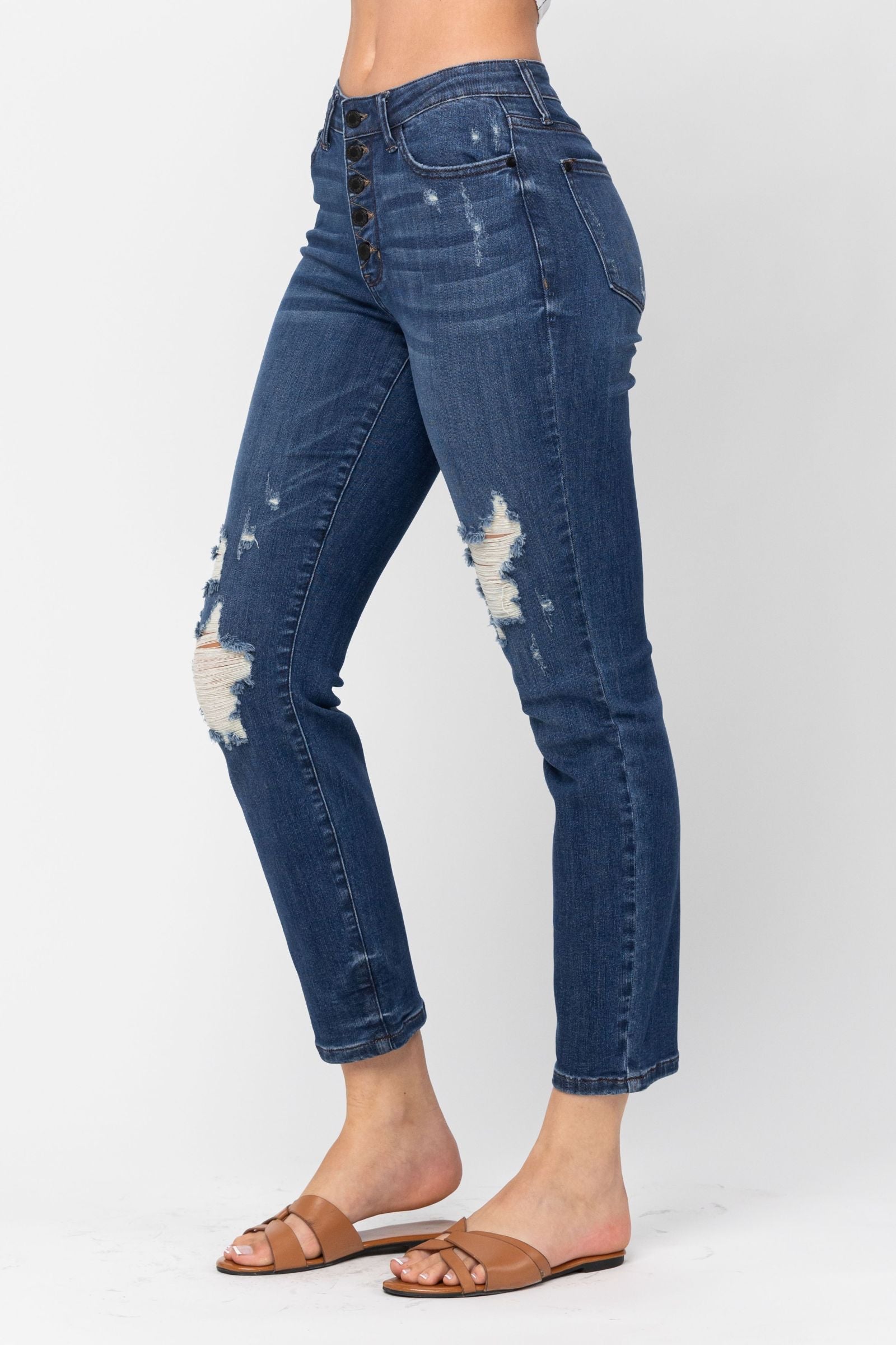 Darkwash High Waist Zig Zag Button Fly Destroyed Boyfriend Judy Blue Denim