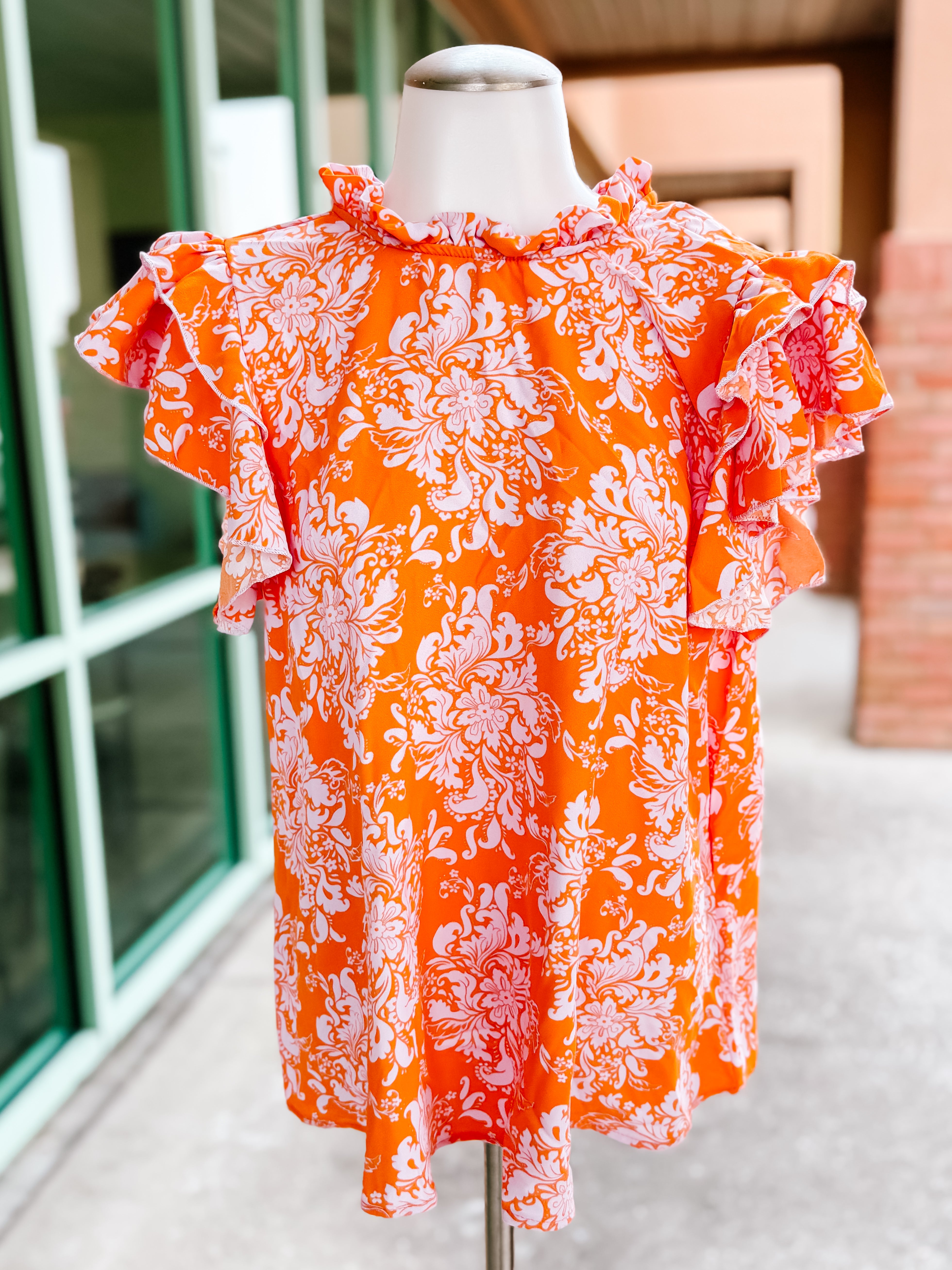 Orange Lilac Floral Mock Neck Double Layered Ruffle Top- SALE