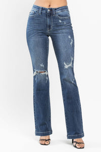 DARKWASH MID RISE HAND SAND DESTROYED BOOTCUT JUDY BLUE DENIM-PLUS