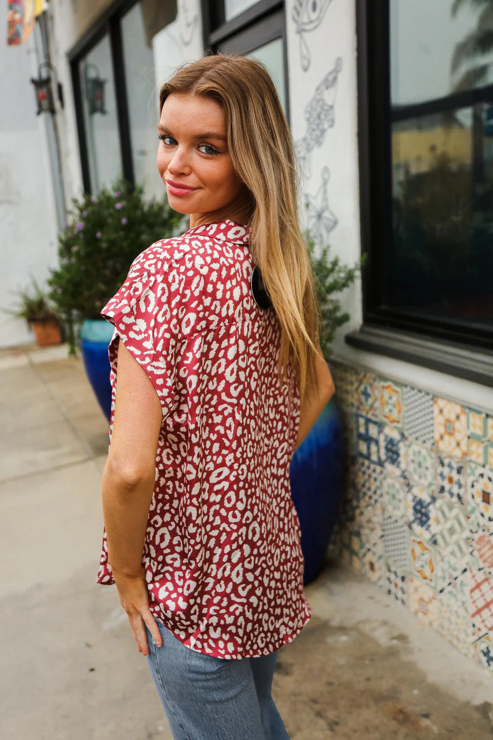 MAUVE ANIMAL DOTTED WOVEN POCKET BLOUSE