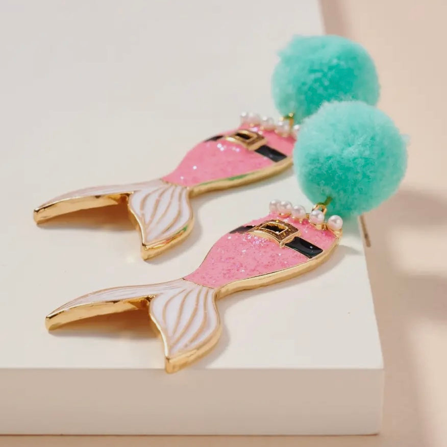 PINK MERMAID TAIL POM POM ENAMEL DANGLING EARRINGS