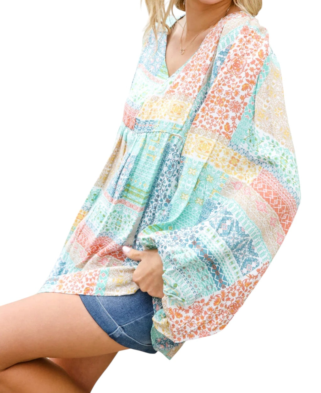 MINT PEACH BOHEMIAM PRINTED PATCHWORK 3/4 BUBBLE SLEEVE VNECK TOP- PLUS- SALE- 1X & 2X AVAILABLE