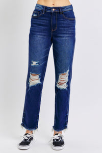 HIGH WAIST RIGID MAGIC HEAVY DESTROYED STRAIGHT DARKWASH JUDY BLUE DENIM