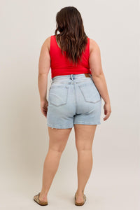 HIGH WAIST RIGID MAGIC LIGHT WASH DENIM SHORTS BY JUDY BLUE-PLUS