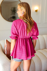 MAGENTA FUCHSIA TEXTURED VNECK BABYDOLL TOP
