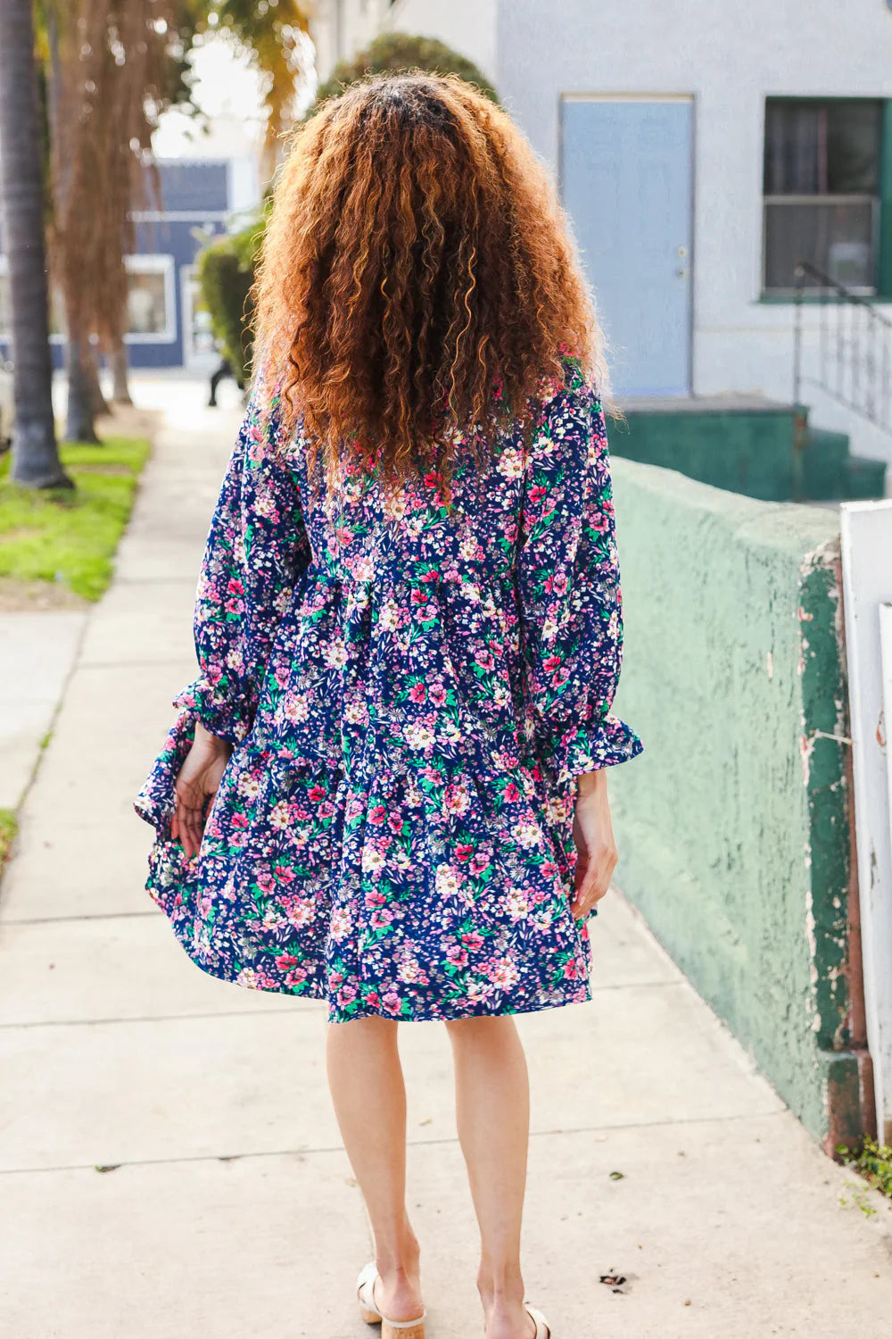NAVY FLORAL BOW TIE BABYDOLL LONG SLEEVE RUFFLE DRESS