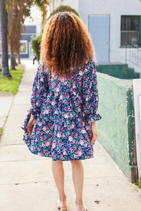 NAVY FLORAL BOW TIE BABYDOLL LONG SLEEVE RUFFLE DRESS