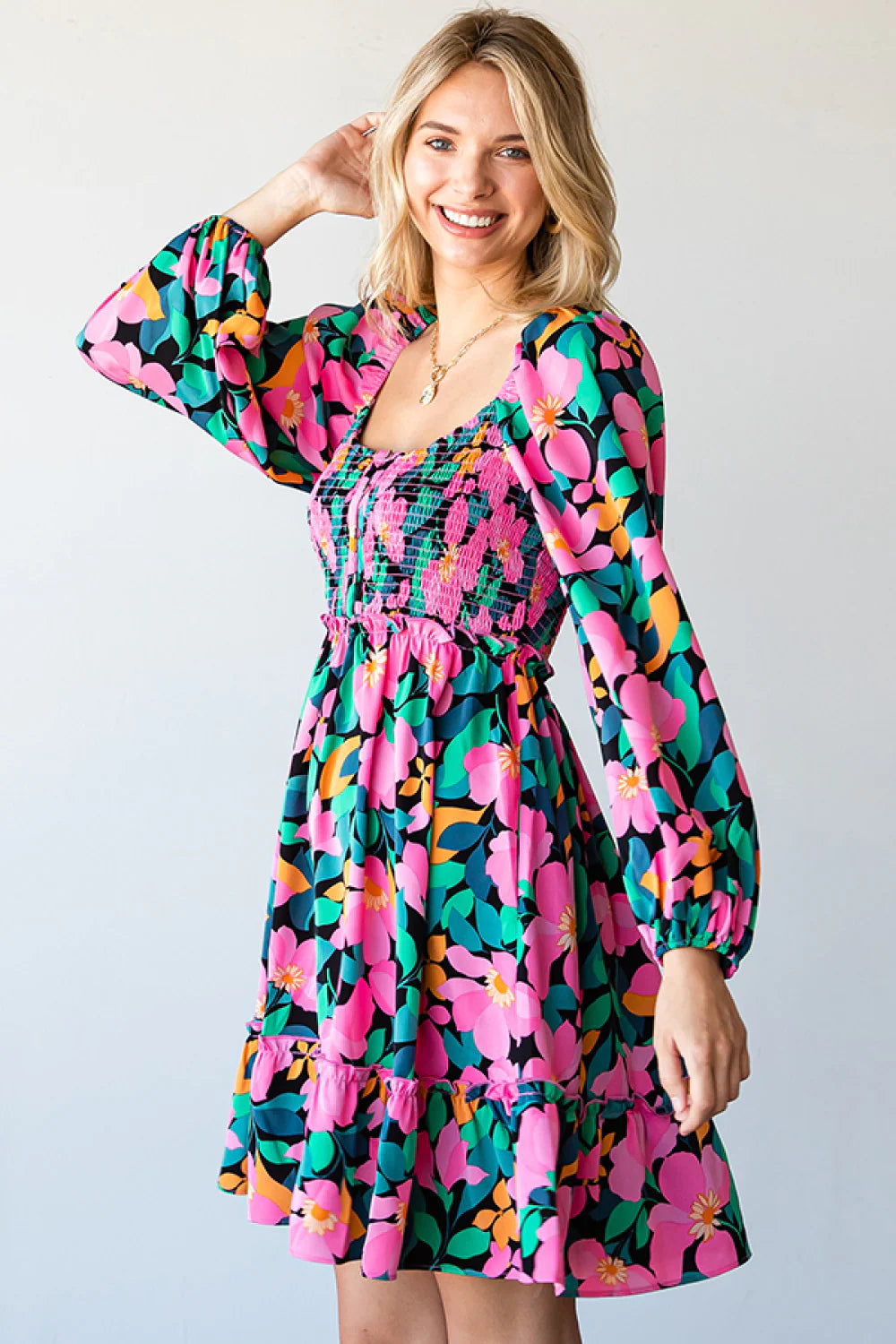BLACK HOT PINK ORANGE GREEN BLUE FLORAL PRINT SMOCKED FIT & FLARE DRESS