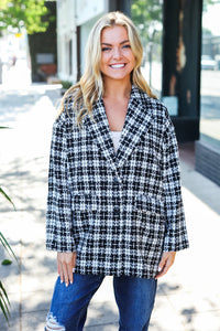 BLACK WHITE HOUNDSTOOTH DESIGN BLAZER PEACOAT