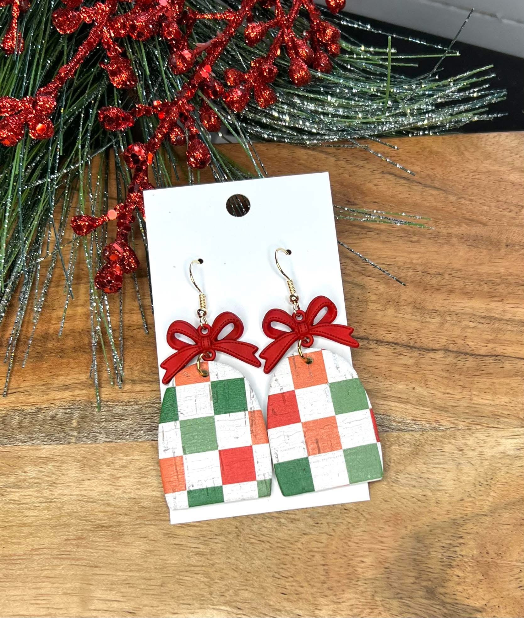 RED GREEN CHECKERED PRINT WITH RED METAL BOWS FOR CHRISTMAS HANDMADE EARRINGS BY B.O.D